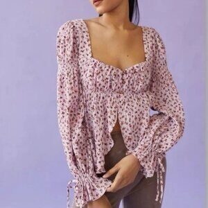 Urban Outfitters Floral Milkmaid Babydoll Top Poet Sleeves Tie Cuff Sz M